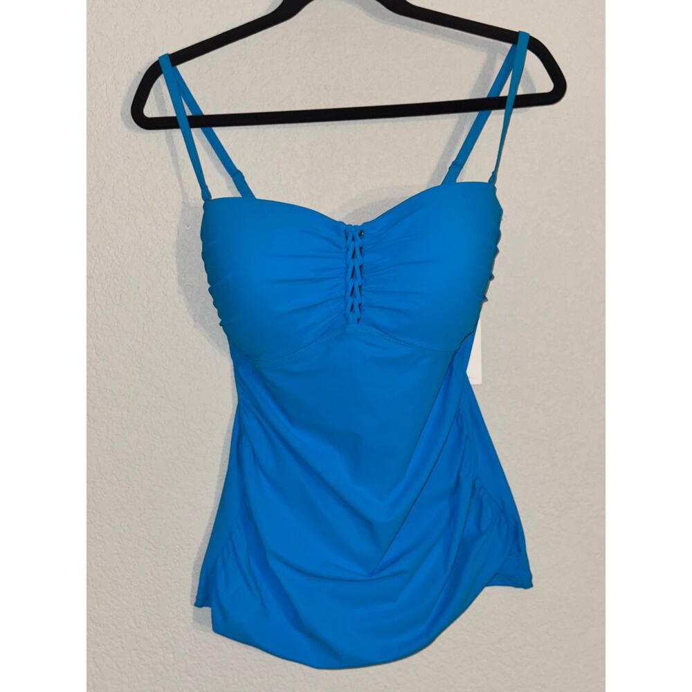 Gottex Blue Tankini Top| Sz 14‎ Ruched Bust Lattice Detail, Flattering Swimwear
